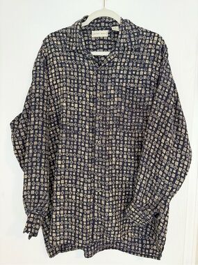 Jeffrey Banks Navy Geometric Print Button-Down Shirt 100% Silk, Sz L, 90s VTG